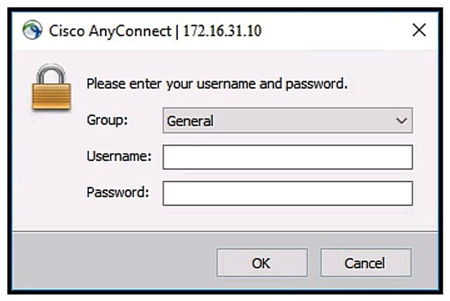 <strong> Refer to the exhibit. Which two commands under the tunnel-group webvpn-attributes result in a Cisco AnyConnect user receiving the AnyConnect prompt in the exhibit? (Choose two.)</strong> A) group-url https://172.16.31.10/General enable B) group-policy General internal C) authentication aaa D) authentication certificate E) group-alias General enable
