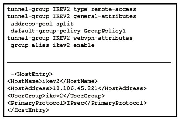 Refer to the exhibit. The customer can establish a Cisco AnyConnect connection without using an XML profile. When the host ikev2 is selected in the AnyConnect drop down, the connection fails. What is the cause of this issue?