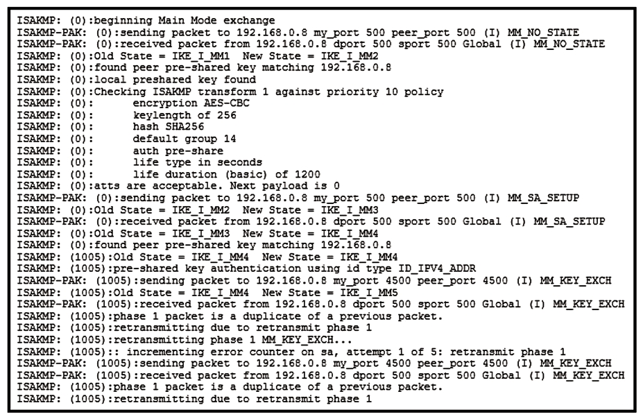 <strong> Refer to the exhibit. A site-to-site tunnel between two sites is not coming up. Based on the debugs, what is the cause of this issue?</strong> A) An authentication failure occurs on the remote peer. B) A certificate fragmentation issue occurs between both sides. C) UDP 4500 traffic from the peer does not reach the router. D) An authentication failure occurs on the router.