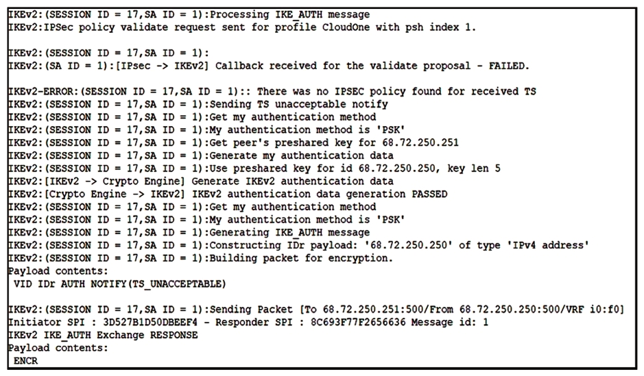 <strong> Refer to the exhibit. Based on the debug output, which type of mismatch is preventing the VPN from coming up?</strong> A) interesting traffic B) lifetime C) preshared key D) PFS