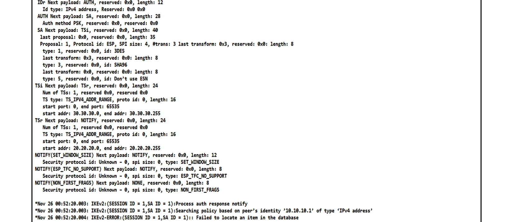 <strong> Refer to the exhibit. The IKEv2 site-to-site VPN tunnel between two routers is down. Based on the debug output, which type of mismatch is the problem?</strong> A) preshared key B) peer identity C) transform set D) ikev2 proposal