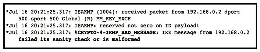 <strong> Refer to the exhibit. Which type of mismatch is causing the problem with the IPsec VPN tunnel?</strong> A) crypto access list B) Phase 1 policy C) transform set D) preshared key