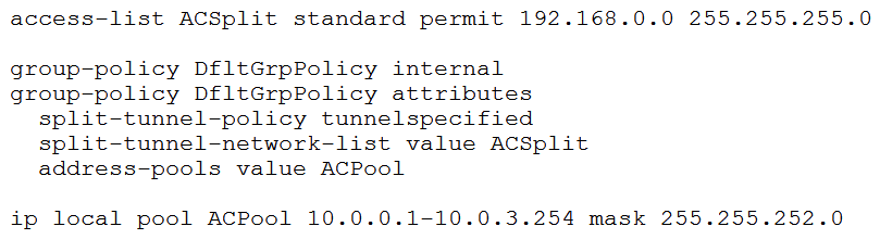 <strong>A network engineer must implement an SSLVPN Cisco AnyConnect solution that supports 500 concurrent users, ensures all traffic from the client passes through the ASA, and allows users to access all devices on the inside interface subnet (192.168.0.0/24). Assuming all other configuration is set up appropriately, which configuration implements this solution?</strong> A) B) C) D)