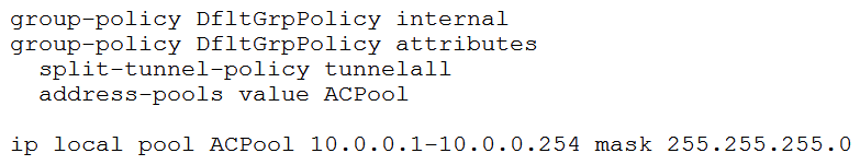 <strong>A network engineer must implement an SSLVPN Cisco AnyConnect solution that supports 500 concurrent users, ensures all traffic from the client passes through the ASA, and allows users to access all devices on the inside interface subnet (192.168.0.0/24). Assuming all other configuration is set up appropriately, which configuration implements this solution?</strong> A) B) C) D)