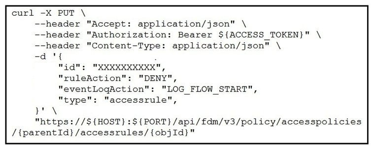 <strong> Refer to the exhibit. The security administrator must temporarily disallow traffic that goes to a production web server using the Cisco FDM REST API. The administrator sends an API query as shown in the exhibit. What is the outcome of that action?</strong> A) The given code does not execute because the mandatory parameters, source, destination, and services are missing. B) The given code does not execute because it uses the HTTP method PUT. It should use the HTTP method POST. C) The appropriate rule is updated with the source, destination, services, and other fields set to Any and the action set to DENY. Traffic to the production web server is disallowed, as expected. D) A new rule is created with the source, destination, services, and other fields set to Any and the action set to DENY. Traffic to the production web server is disallowed, as expected.