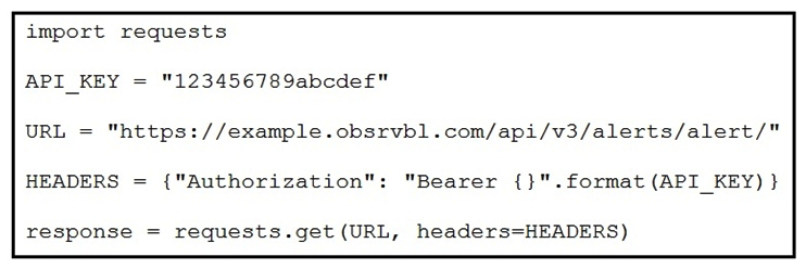 Refer to the exhibit. A security engineer created a script and successfully executed it to retrieve all currently open alerts. Which print command shows the first returned alert?