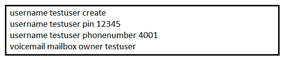 <strong>An engineer must configure a test user mailbox in a newly deployed Cisco Unity Express module. Which console command set reflects the correct configuration in this scenario?</strong> A) B) C) D)
