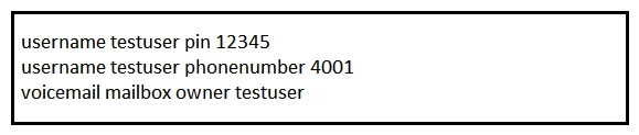 <strong>An engineer must configure a test user mailbox in a newly deployed Cisco Unity Express module. Which console command set reflects the correct configuration in this scenario?</strong> A) B) C) D)