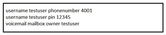 <strong>An engineer must configure a test user mailbox in a newly deployed Cisco Unity Express module. Which console command set reflects the correct configuration in this scenario?</strong> A) B) C) D)