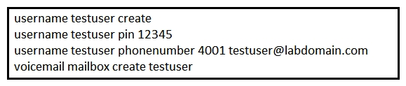 <strong>An engineer must configure a test user mailbox in a newly deployed Cisco Unity Express module. Which console command set reflects the correct configuration in this scenario?</strong> A) B) C) D)