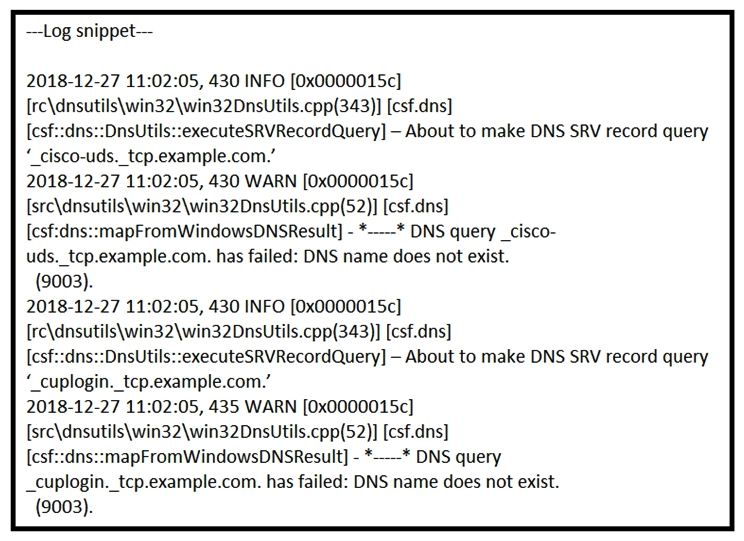 Refer to the exhibit. Troubleshooting an internal Jabber login issue and you see this logging snippet from the Jabber PRT file. You already checked that the Jabber client has a connection to the correct DNS server. Which DNS record is missing for service discovery of Cisco Unified Communications Manager for the login process to proceed further?