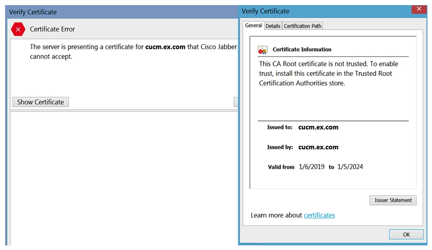 Refer to the exhibit. When troubleshooting an internal Jabber login problem, there is a pop-up about a certificate error, and then the login fails. The FQDN of Cisco UCM is cucm.ex.com, and the FQDN of the IM and Presence Server is imp.ex.com. Which two actions should be taken to fix this issue? (Choose two.)