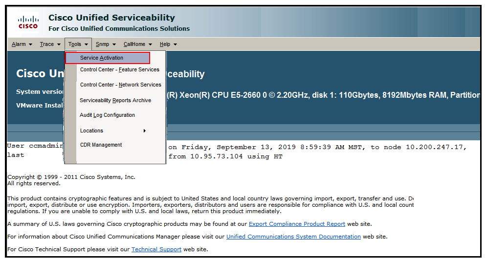 <strong> Refer to the exhibit. An administrator is troubleshooting a situation where a call placed from a phone registered to Cisco Unified Communications Manager does not complete. The administrator wants to use the Dialed Number Analyzer on Cisco Unified CM to check which translation pattern the call is matching. However, when logging in to Cisco Unified Serviceability there is no option for Dialed Number Analyzer under the tool menu. Which two steps must be performed to resolve this issue? (Choose two.)</strong> A) Restart the subscriber B) Activate the Cisco Extended Functions service. C) Activate the Cisco CallManager service. D) Activate the Cisco Dialed Number Analyzer service. E) Activate the Cisco Dialed Number Analyzer Server service.