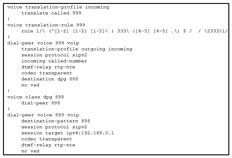 <strong> Refer to the exhibit. Calls incoming from the provider are not working through newly set up Cisco Unified Border Element. Provider engineers get the 404 Not Found SIP message. Incoming calls are coming from the provider with called number 222333444 and Cisco UCM is expecting the called number to be delivered as 444333222. The administrator already verified that the IP address of the Cisco UCM is set up correctly, and there are no dial peers configured other than those shown in the exhibit. Which action should the administrator take to fix the issue?</strong> A) Change the destination-pattern on the outgoing dial peer to match 444333222. B) Set up translation-profile on the incoming dial peer to match incoming traffic. C) Create specific matching for 222333444 on the incoming dial peer. D) Fix the voice translation-rule to match specifically number 222333444 and change it to 444333222.