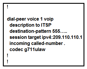 Refer to the exhibit. An engineer configures Cisco Unified Border Element to connect the enterprise VoIP network with a SIP telephony provider. Calls are not working in either direction. What must be configured in the dial peer 1 to fix the issue?