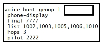 <strong> Refer to the exhibit. DN 1003 was the last to ring during the most recent call. Which hunting method ensures that DN 1005 is presented with the next call when the hunt pilot is dialed?</strong> A) sequential B) call-blast C) peer D) parallel
