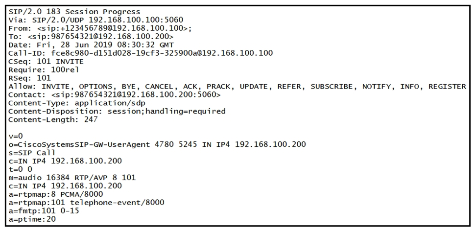 <strong> Refer to the exhibit. While troubleshooting call failures on the Cisco Unified Border Element, an administrator notices that messages are being sent to the service provide, but there is no response. The administrator later learns that this SIP provider does not support PRACK. Which header should be removed from the SIP message to resolve this issue?</strong> A) Require: 100rel B) Content-Type: application/sdp C) Contact: <sip:987654321@192.168.100.200:5060> D) Content-Disposition: session;handling=required