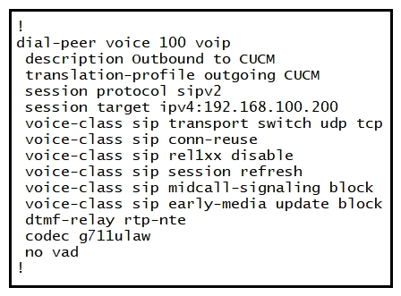 <strong> Refer to the exhibit. An engineer is troubleshooting an issue where inbound calls to Cisco UCM with early media fail to establish. While investigating the issue, the engineer finds that Cisco UCM is set to require a PRACK, but the Cisco Unified Border Element is not sending it. Which command is causing this issue?</strong> A) voice-class midcall-signaling block B) voice-class sip rel1xx disable C) voice-class sip early-media update block D) voice-class sip conn-reuse