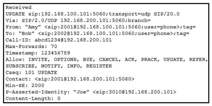 <strong> Refer to the exhibit. An engineer is troubleshooting an issue where inbound calls are failing after they are transferred. The provider reports that UPDATE is not supported, and this is causing the calls to fail. Which command should resolve this issue?</strong> A) no midcall-signaling passthru B) no update-callerid C) no contact-passing D) rel1xx require 100rel