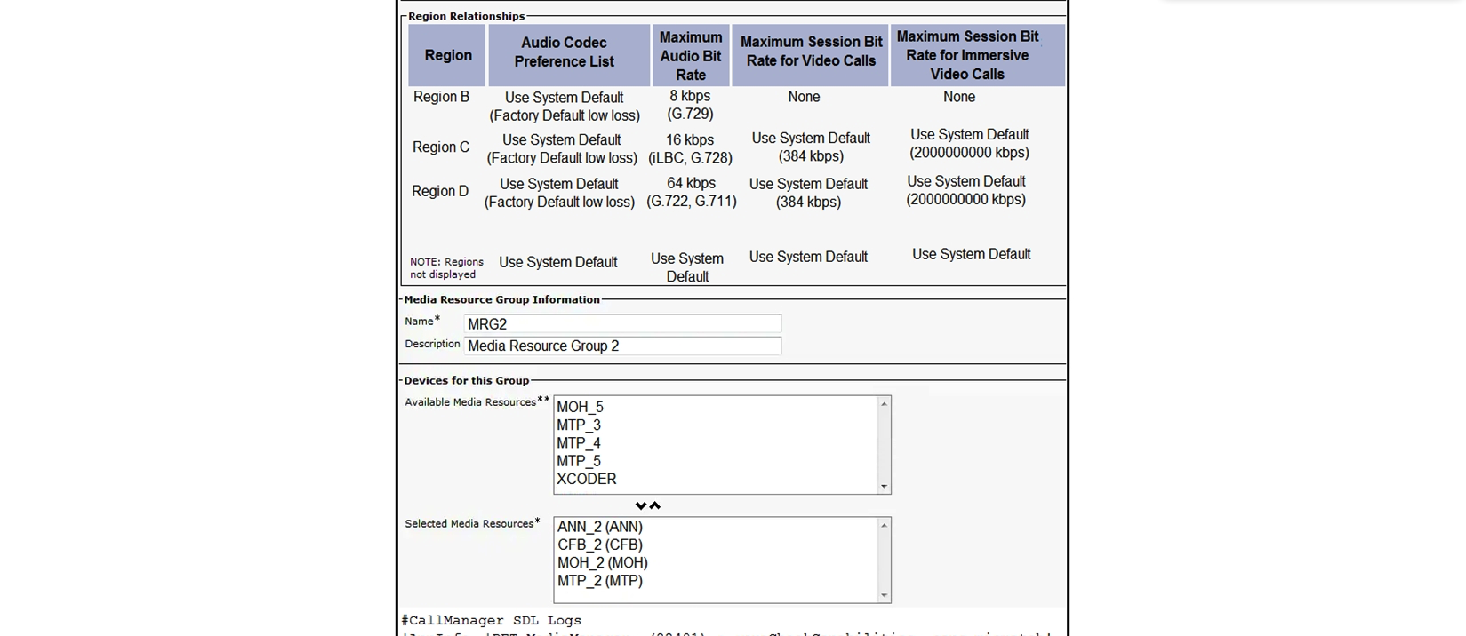 <strong> Refer to the exhibit. Regions have been configured for all major branches based on the available circuit bandwidth. Some calls from Region A endpoints to Region B endpoints are failing to connect. How is the issue resolved?</strong> A) Update the calling search space for affected endpoints to none. B) Update all regions to 8 kbps maximum audio bitrate. C) Increase the number of available media termination points. D) Add a media resource to transcode between available capabilities.