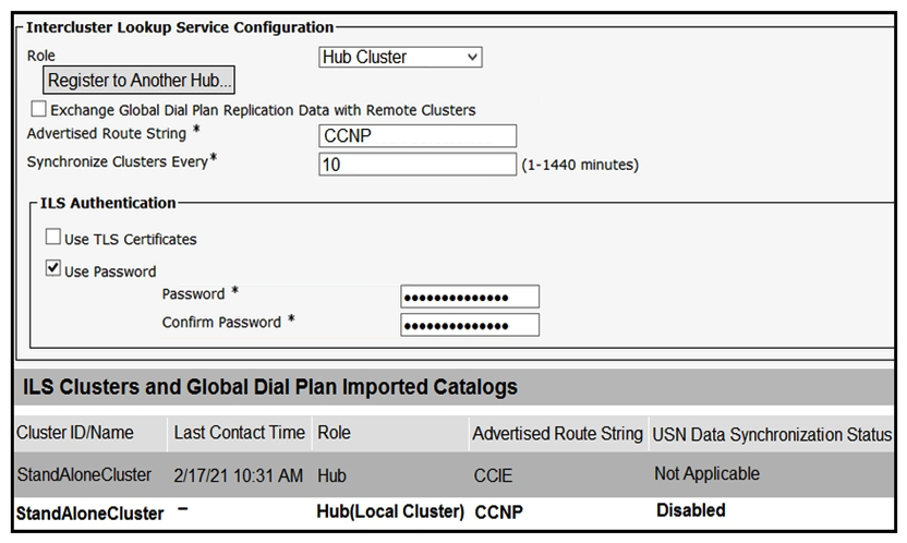   Refer to the exhibit. ILS has been configured between two hubs this configuration. The hubs appear to register successfully, but ILS is not functioning as expected. Which configuration step is missing?