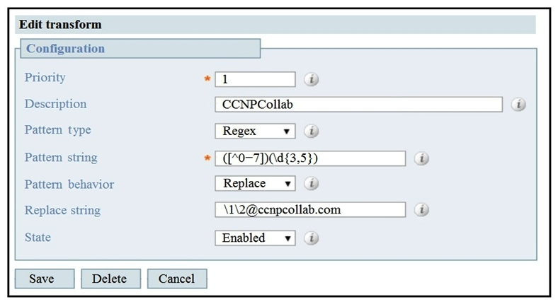 <strong> Refer to the exhibit. What is the result of a transformation applied to alias 88514?</strong> A) 98851@ccnpcollab.com B) 88513@ccnpcollab com C) 88514@ccnpcollab.com D) 88515@ccnpcollab.com