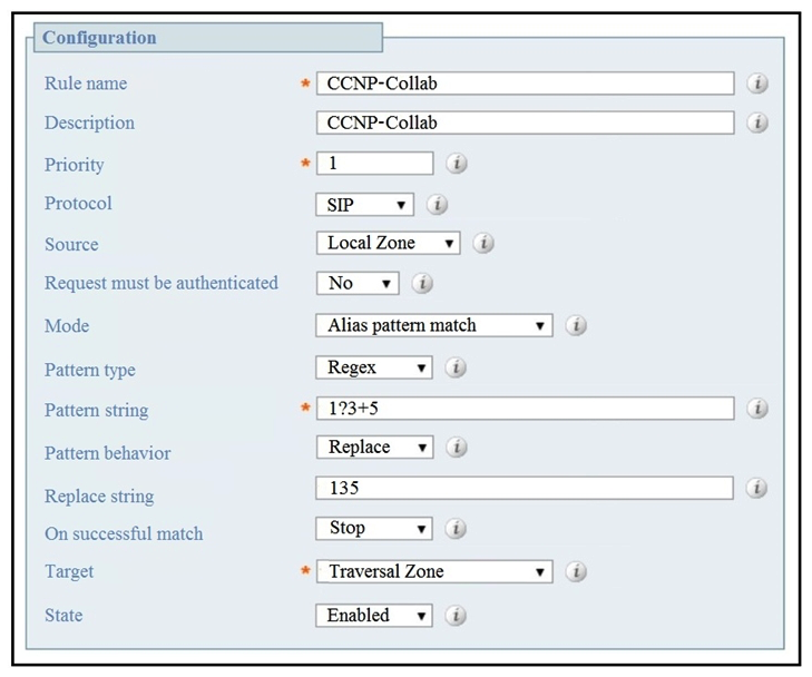 <strong> Refer to the exhibit. When configuring a search rule that routes calls to a zone, what occurs when 13358 is dialed?</strong> A) 13358 is replaced by 135, and then is sent to the local zone. B) 13358 is replaced by 135 and remains in the same zone. C) 13358 is replaced by 135, and then is sent to the traversal zone. D) 13358 is sent directly to the traversal zone.