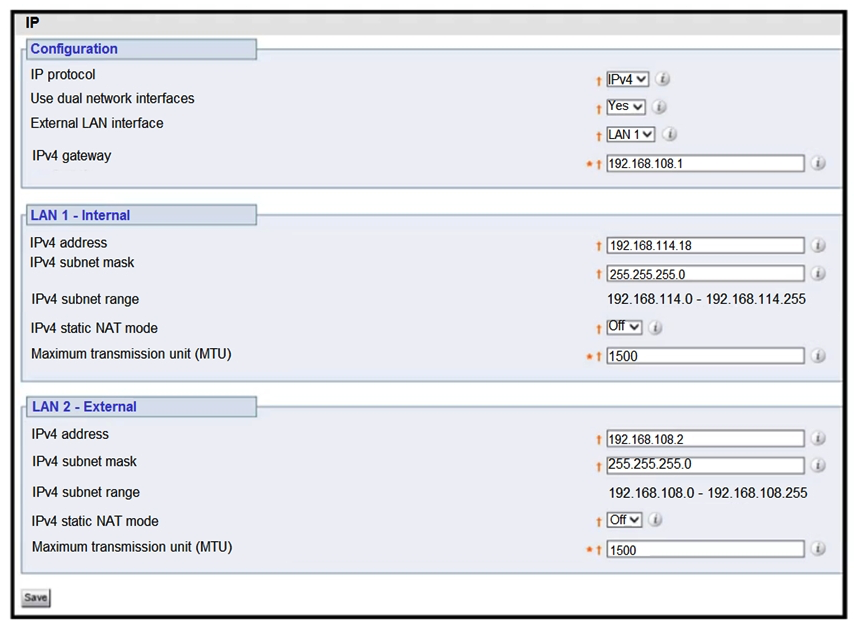 <strong> Refer to the exhibit. The firewall has been configured from NAT 192.168.108.2 to 100.64.0.1. Which configuration changes are needed for an Expressway-E with dual network interfaces?</strong> A) B) C) D)
