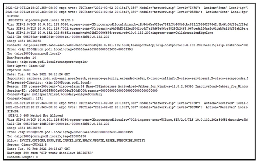 <strong> Refer to the exhibit. An engineer is deploying mobile and remote access in an environment that already had functioning Business to Business calling. Mobile and remote access SIP registrations are failing. To troubleshoot, SIP logs were collected. How is this issue resolved?</strong> A) Change the SIP profile on the SIP trunk for the Expressway-E to Standard SIP Profile for TelePresence Endpoint B) Change the Incoming Port in the SIP Trunk Security Profile for the Expressway-C to not match SIP line registrations C) Enable autoregistration for the appropriate DN range on the Cisco UCM servers running the CallManager service D) Write a custom normalization script since the vcs-interop normalization script does not allow registrations