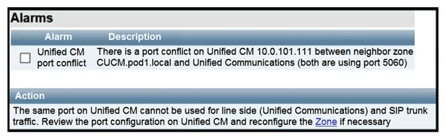 <strong> Refer to the exhibit. Mobile and remote access is being added to an existing B2B deployment and is failing. When the administrator looks at the alarms on the Expressway-C, the snippets are shown. Which configuration action should the administrator take to fix this issue?</strong> A) The listening port on the Expressway-C for SIP TCP must be changed to a value other than 5060 B) The listening port on the Expressway-C for SIP TLS must be changed to a value other than 5061 C) The listening port on the Cisco UCM for the Expressway-C SIP trunk must be changed to something other than 5060 or 5061 D) The listening port on the Cisco UCM for the Expressway-C SIP trunk is set to something other than 5060 or 5061. It must be set to 5060 for insecure and 5061 for secure SIP