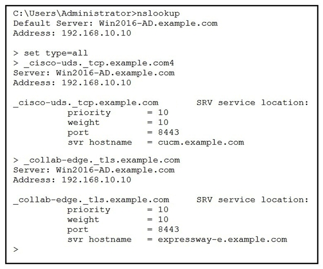 <strong> Refer to the exhibit. When a Jabber user attempts to connect from outside of the organization, the user enters the login information as user@example.com and receives the error Cannot find your services Automatically. The engineer tries to resolve SRV records used by Jabber. DNS A record expressway-e.example.com points to the Expressway-E IP and cucm.example.com points to the Cisco Unified Communications Manager. Which change resolves the DNS problem?</strong> A) Change cisco-uds to point to the Expressway-E FQDN. B) Change the collab-edge record to point to 5061. C) Remove the cisco-uds SRV record for the external DNS. D) Change the priority of the SRV record for cisco-uds.