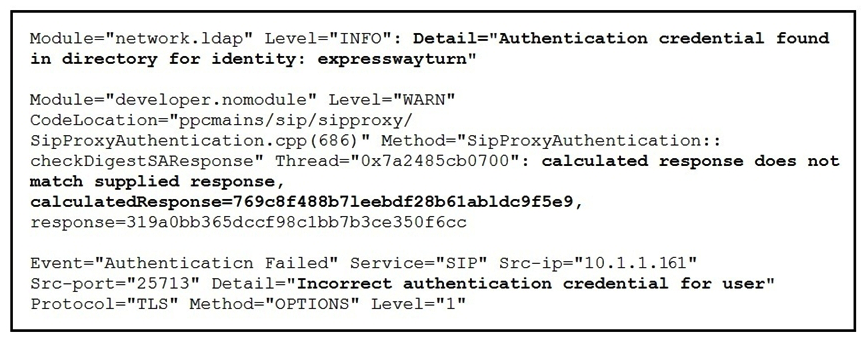 <strong> Refer to the exhibit. Mobile Cisco Jabber cannot register with on-premises Cisco Unified Communications Manager using Mobile and Remote Access. Some logs were captured on Expressway Edge. Which action corrects this problem?</strong> A) Ensure that the peer address does not match the Common Name on certificate. B) Ensure that the _cisco-uds SRV record has been configured. C) Ensure that the credential has been entered correctly. D) Ensure that the SIP domains are added on Expressway Core.