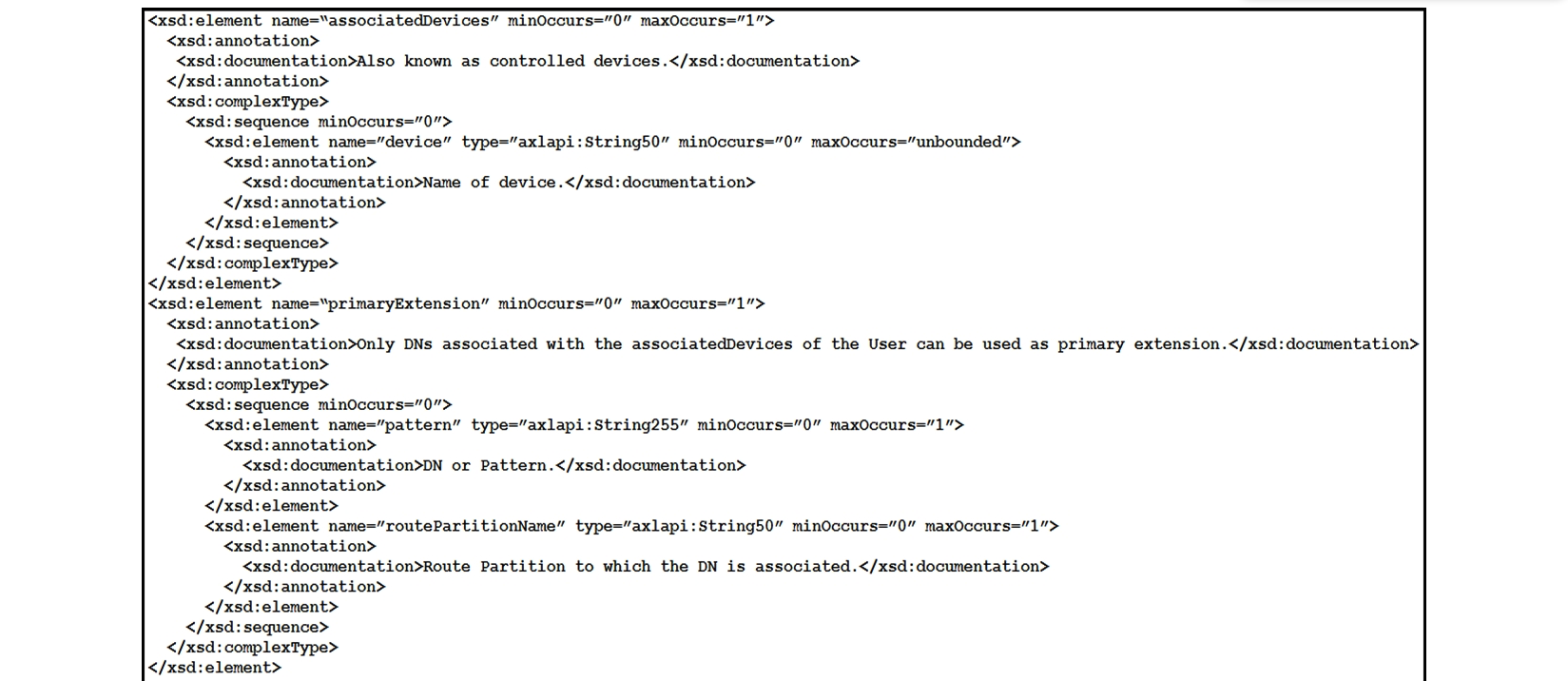 Refer to the exhibit. The exhibit shows the XML schema to associate a device for the AddUser operation in AXL. Which XML snippet is correct to associate a device with name SEP151515151515?