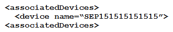 <strong> Refer to the exhibit. The exhibit shows the XML schema to associate a device for the AddUser operation in AXL. Which XML snippet is correct to associate a device with name SEP151515151515?</strong> A) B) C) D)