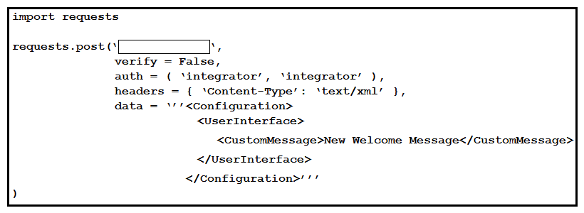 <strong> Refer to the exhibit. This exhibit is based on the simple Python script to update a Webex registered room device (local IP = 10.10.20.153) with a new custom half-wake message. What is the URL to complete the requests.post() method?</strong> A) http://10.10.20.153:22/ B) http://10.10.20.153/jsxapi C) http://api.webex.com/v1/ui D) http://10.10.20.153/putxml