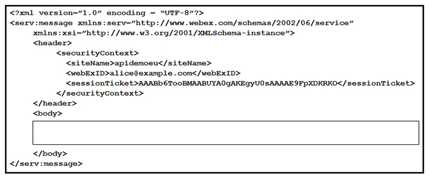 <strong> Refer to the exhibit. Alice is a Webex Meetings admin for her organization. Which code snippet completes a Webex Meetings XML API request that returns all users?</strong> A) B) C) D)