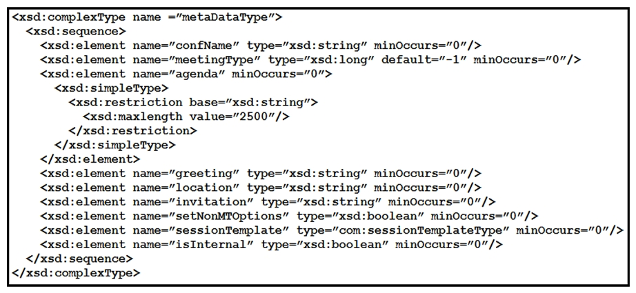 <strong> Refer to the exhibit. Based on this Webex Meetings XML API schema snippet, which XML object is a valid <metaData> element?</strong> A) B) C) D)