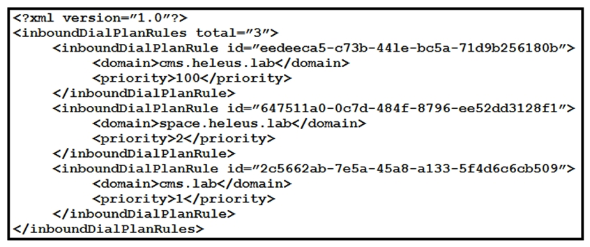 <strong> Refer to the exhibit. Which API call made to Cisco Meeting Server removes the inbound dial plan rule matching cms.lab domain?</strong> A) DELETE to /api/v1/inboundDialPalnRules/ with body attribute id=2c5662ab-7e5a-45a8-a133-5f4d6c6cb509. B) DELETE to /api/v1/inboundDialPalnRules/2c5662ab-7e5a-45a8-a133-5f4d6c6cb509. C) PUT to /api/v1/inboundDialPalnRules/2c5662ab-7e5a-45a8-a133-5f4d6c6cb509 with body attribute delete=True. D) PUT to /api/v1/inboundDialPalnRules/2c5662ab-7e5a-45a8-a133-5f4d6c6cb509.