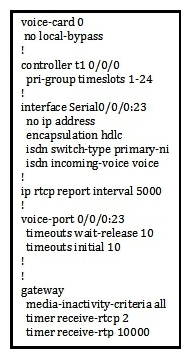 <strong>Refer to the exhibit. Users are reporting that inbound calls from the PSTN are dropping when not answered within 10 seconds. Calls come in via ISDN T1 PRI. Which configuration change is needed to prevent the calls from dropping?</strong> A) Remove the timeouts wait-release 10 command from under the voice-port. B) Remove the timeouts initial 10 command from under the voice-port. C) Remove the timer receive-rtcp 2 command from under the gateway. D) Remove the timer receive-rtp 10000 command from under the gateway. E) Modify the Call Forward No Answer setting in CUCM to redirect calls to Voicemail or another extension.