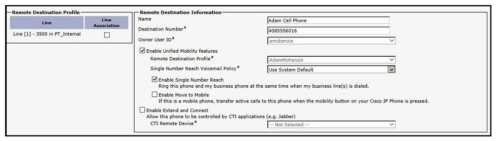 <strong>Refer to the exhibit. A CUCM user has been configured to use the Mobility feature and is expecting their home phone 408-555-6016 to ring simultaneously when their office phone is called. What configuration change needs to be made to allow this happen?</strong> A) Select the Enable Move to Mobile check box. B) Select the Enable Extend and Connect check box. C) Select the Line Association check box. D) Deselect the Enable Single Number Reach check box.