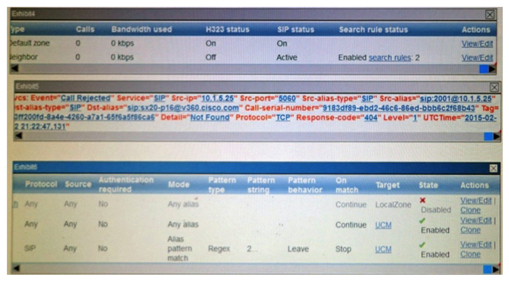 Instructions To access multiple-choice questions, click on the numbered boxes on the left of the top pannel There are two multiple-choice questions with this task. Be sure to answer all two questions before selecting the Next button Scenario Review the exhibits and answer the multiple choice questions A call from a SX20 in the BackBone (not shown) with a URI extension is dialing a HQ Ph 1 that is registered to the HQ CUCM. Determine if the call fails and if so, what are the two causes? (Choose two.)