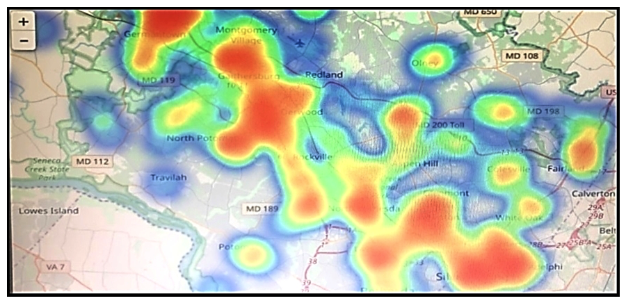 <strong> Refer to the exhibit. Which two statements are true? (Choose two.)</strong> A) That is a heatmap projected on top of a geographic map. B) That is a treemap projected on top of a geographic map. C) The color red usually stands for lower values and the color blue usually stands for higher values. D) Another suitable visualization technique for this image would be line graphs. E) The color blue usually stands for lower values and the color red usually stands for higher values.