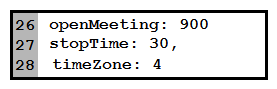 <strong> Refer to the exhibit. Which code for blank lines 26, 27, and 28 gives invitees 900 seconds before the scheduled time to join the meeting, sets the meeting to last for 30 minutes, and sets the meeting timezone to Pacific US?</strong> A) B) C) D)