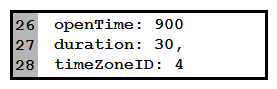 <strong> Refer to the exhibit. Which code for blank lines 26, 27, and 28 gives invitees 900 seconds before the scheduled time to join the meeting, sets the meeting to last for 30 minutes, and sets the meeting timezone to Pacific US?</strong> A) B) C) D)