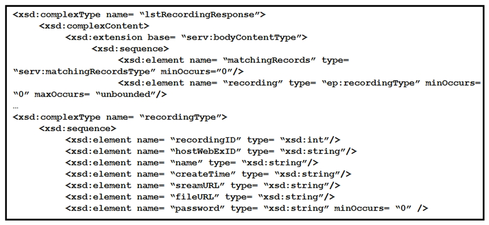 <strong> Refer to the exhibit. A snippet from the XSD schema of the Webex Meeting XML API 'LstRecordingResponse' element is listed in the exhibit. Assuming that a variable named 'resp' exists that contains the XML response from a successful 'LstRecording' request, which code snippet correctly generates a simple report that lists meeting names and recording file download links?</strong> A) B) C) D)
