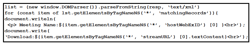 <strong> Refer to the exhibit. A snippet from the XSD schema of the Webex Meeting XML API 'LstRecordingResponse' element is listed in the exhibit. Assuming that a variable named 'resp' exists that contains the XML response from a successful 'LstRecording' request, which code snippet correctly generates a simple report that lists meeting names and recording file download links?</strong> A) B) C) D)