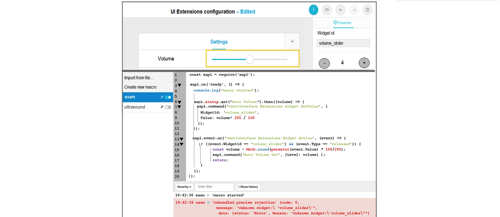 <strong> Refer to the exhibit. A macro and a UI extension (also called In-Room Control) are being developed. What is the reason for the error displayed in the console?</strong> A) Widgets of type Slider are not supported on the device. B) The UI extension was not exported to the device. C) The name of the widget in the macro and the UI extension must match. D) Promises are not supported for this device.