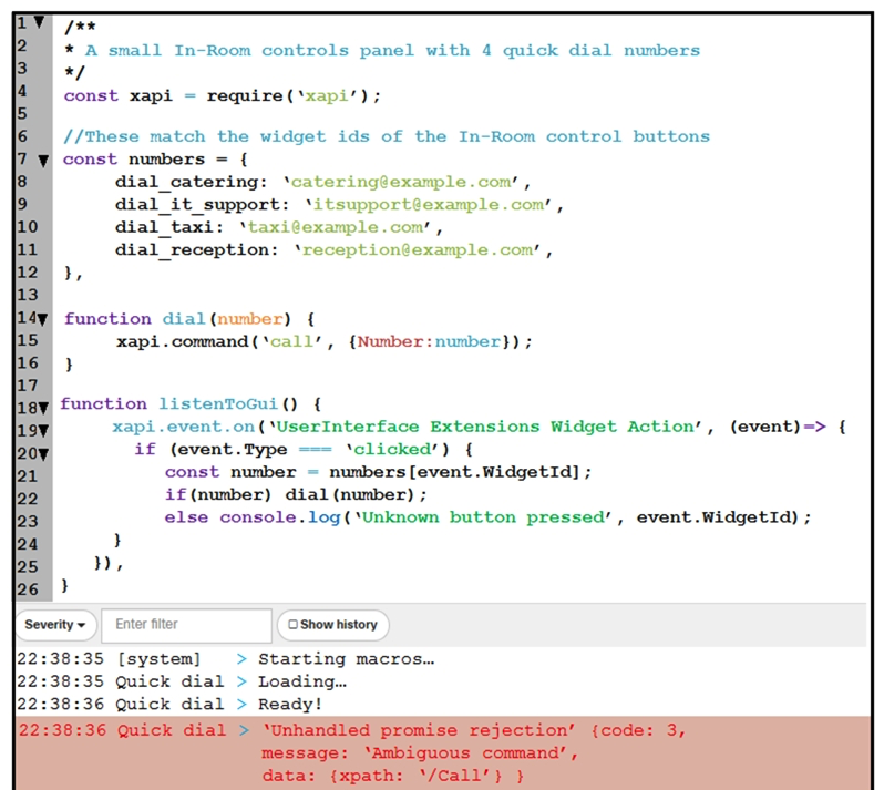 <strong> Refer to the exhibit. An end user reports that the speed dial button is not working on their Webex Device, and when loading into the Macro Editor, this error was presented. On which line is the incorrect syntax?</strong> A) line 4 B) line 14 C) line 15 D) line 22