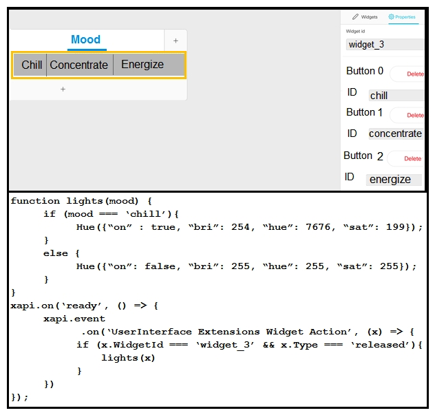 <strong> Refer to the exhibit. Certain lighting conditions are needed when hosting Webex meetings for a particular department in a company. A split button that integrates with the lighting controls is added to the Touch 10. However, when the user selects Chill, the lights turn off completely. Which code change resolves this issue?</strong> A) Change xapi.event to xapi.httpfeedback. B) Set x.Type to 'pressed' instead of 'released'. C) Set x.Type to 'clicked' instead of 'released'. D) Pass x.Value instead of x to the lights function.
