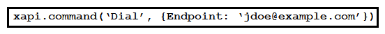 <strong> Refer to the exhibit. Assume that there is already a connection to a device for this jsxapi.code snippet. Which snippet completes the code so that the connected device makes a call to the user jdoe@example.com?</strong> A) B) C) D)